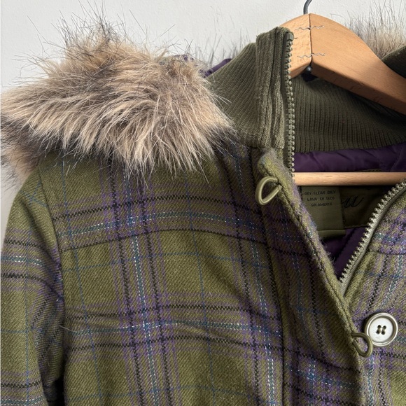 Jou Jou Plaid Wool Blend Hooded Jacket w/ Faux Fur Trim – Size M - Picture 6 of 7
